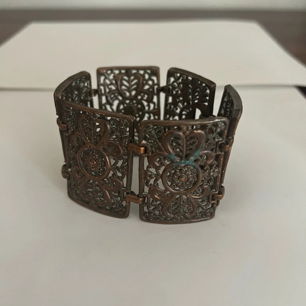 Vintage retro plated copper super wide bracelet, cuff ornate cut outs - Picture 4 of 5